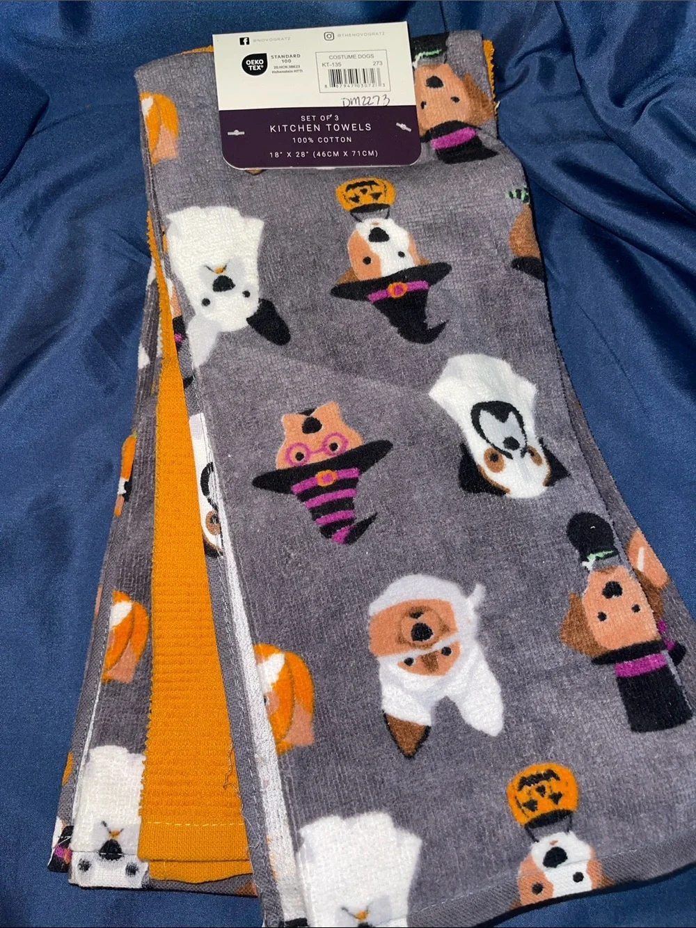 3 Pack Halloween Theme Dog Print Kitchen Towels - Gray & Orange